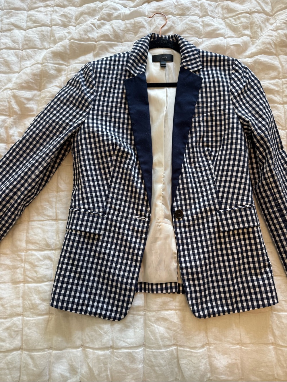 J. Crew Navy & White Gingham-Trim Blazer